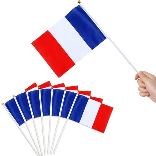 Brelet 40 piezas pequeña bandera francesa, mini banderas de mano tricolor con varita de plástico, pequeña bandera francesa con bata para decoración de fútbol y juegos olímpicos (14 x 21 cm)