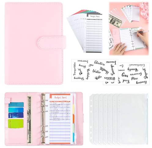 Raccoglitore di Bilancio A6, Raccoglitore Notebook A6, Budget Planner Agenda Risparmio Soldi con Buste- Raccoglitore Soldi per Risparmi, con 8 Buste Trasparenti Money Binder,12 Fogli di Budget (Rosa)