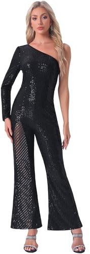 Allegra K Pailletten-Jumpsuits für Damen, eine Schulter, durchsichtig, weite Beine, Party-Strampler Schwarz M