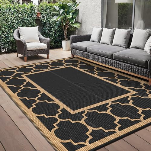 GENIMO Outdoor Rug 275 x 365 cm – Large Waterproof Reversible Garden Rug, Washable Plastic Carpet for RV, Patio, Camping, Picnic, Deck, Camper, Black & Brown