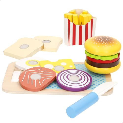 WOOMAX 33072 Juego de Cocina Infantil, Set 22 Piezas de Madera, Hamburguesa, Sándwich, Patatas Fritas, Ingredientes, Alimentos para Cortar, Regalo Creativo, Regalos para niños Chefs