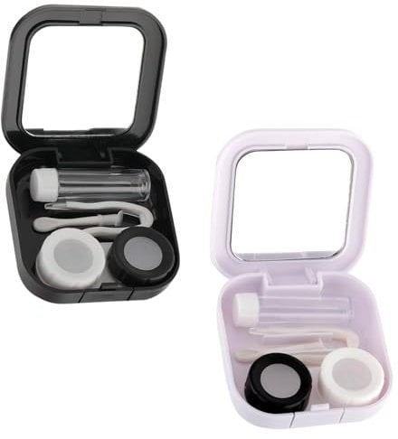 TRMFUSA 2 Pieces Contact Lens Case, Cute Contact Lens Case with Mirror, Portable Soaking, Storage Set with Remover, Tool, Tweezers, Solution Bottle, Colourful Contact Lens Case, White+Black, Contact