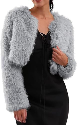ZhuiKun Damen Kunstfellmantel Winterjacke Langarm Wintermantel Crop Jacke Plüsch vorne offen Cardigan