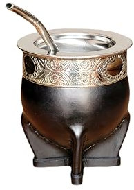 Tazza opaca imperiale argentino Premium - realizzata in acciaio inox termico - esterno in pelle nera con argento tedesco - Zucca Yerba Mate moderna - inclusa lampadina regalo.