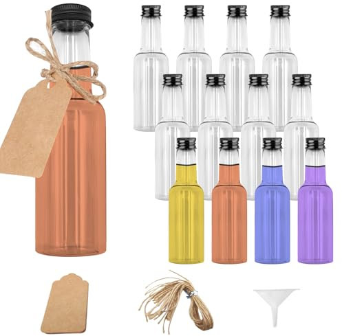 Mini Bottiglie per Liquore, 12PCS 50 ml Mini Bottiglie Alcolici Bomboniere, Bottigliette di Plastica Riutilizzabili Vuote, Bottigliette di Succo per Feste con Tappi a Vite, Etichette, Spago e Imbuto