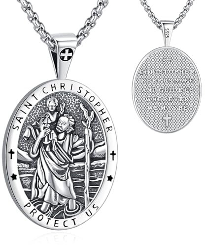 Eusense Saint Christopher Anhänger Halskette 925 Silber St Christopher Anhänger Saint Christopher Anhänger Kette Schmuck religiöses Amulett für Männer Frauen