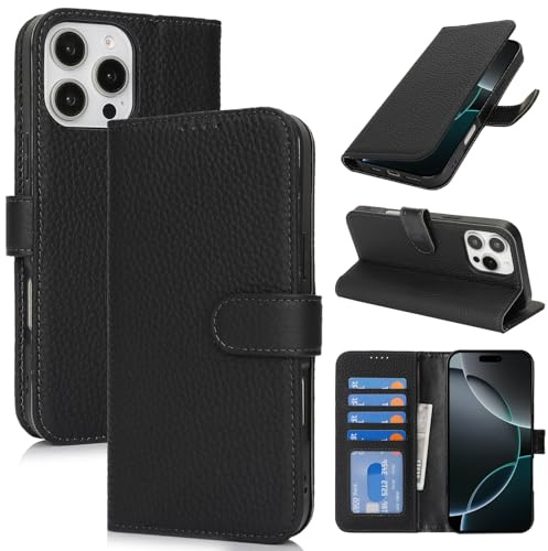 Zouzt Leather Wallet Case for iPhone 16 Pro Max, 4 Card Slot, Black | Genuine Leather, Card Holder, Shockproof TPU Shell, Magnetic Closure, Protective Flip Folio Phone Cover, For Women Men