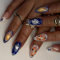 24x Flowers Artificial Nails Blue White French Tip Full Covers False Nails Short Almond Press On Nails With Heart