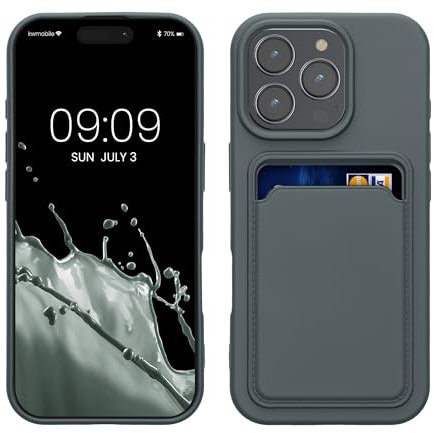 kwmobile Case Compatible with Apple iPhone 16 Pro Case - TPU Phone Cover with Credit Card Holder - Dark Slate