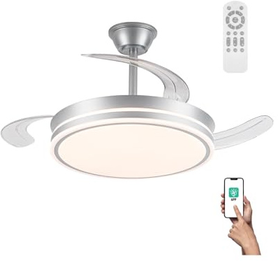 wonderlamp Ventilador con aspas retráctiles, Smart control APP y Mando a distancia, Ventilador de techo con luz LED 72W Miso Evo Plata, Memoria de encendido, 3 CCT, Intensidad Regulable, Silencioso