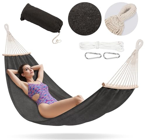 Hängematte Campela 200x150 cm mit Holzstreben und Tragetasche - Tragkraft 240 kg - Boho Stil Beige - Garten, Terrasse, Balkon, Biwak, Zimmer