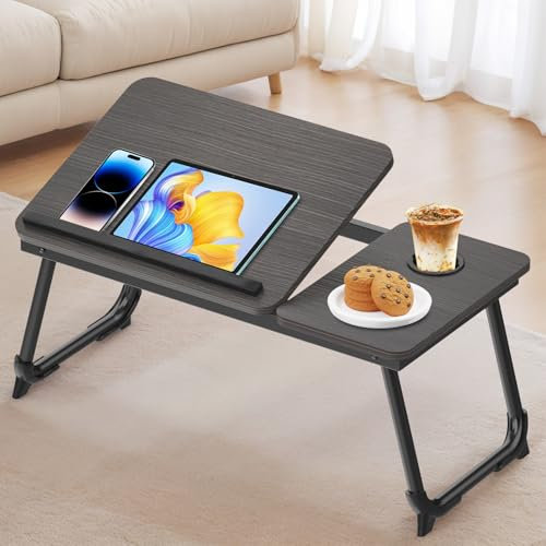 Tavolo per laptop per divano, lapdesk pieghevole con alloggiamento per tazza, con inclinazione a 5 posizioni, supporto per laptop per letto, per notebook, studio, ufficio domestico (nero spazzolato)