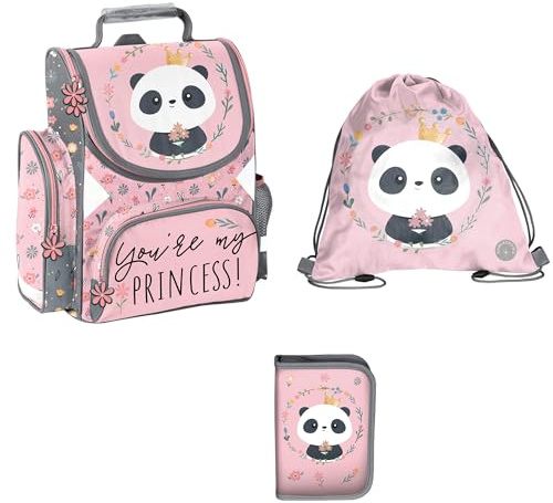 3-teiliges Schulset: Schulranzen + Turnbeutel + unbefüllte Federmappe - Panda - Altrosa/grau