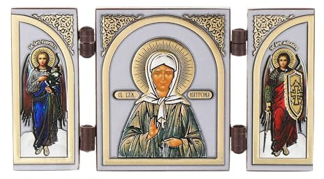 NKlaus Triptychon, Heilige Matrona, Holz-Ikone, 9,5x5,2x0,6cm, 1 Stück | Christlicher Reisealtar; mit Erzengel Gabriel und Michael, goldener Prägung und Lackschicht