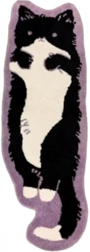 BLOSSOMLIFE Niedlicher Teppich in Katzenform für Schlafzimmer, waschbar, unregelmäßig, Cartoon, getufteter Teppich, modern bedruckt, Raumdekoration (schwarz, klein)