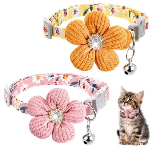 guduling Lot de 2 colliers pour chat avec fleurs - Collier pour chat avec fleurs amovibles - En tricot - Boucle de sécurité - Pour chats et chiots - Rose et jaune