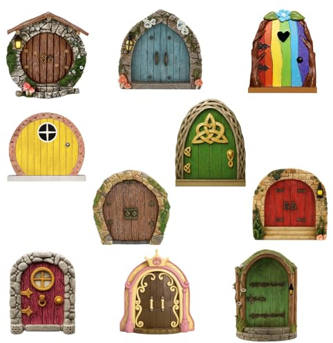 JcvPot 10 Stück Wichtel Tür Set, Feentür Garten, Hölzerne Tiny Elfentür, Feentür 3D Miniatur Wichteltür Garten, Outdoor Dekoration Für Kinder, Märchenhafte Gartengestaltung