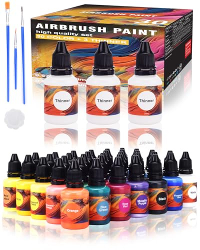 Gocheer Upgrade Airbrush Farben Set - 30 Farben und 3 Metallischen Farben mit 3 Verdünner, 20ml/Flasche, Airbrush Farbset, Acryl Luftpinselfarben auf Wasserbasis für Metall, Kunststoffmodelle
