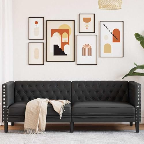 QUAHEAS Chesterfield Sofa Schwarz 194x74,5x70,5 cm, PVC-Polsterung, Robustes Wohnzimmer Möbel, langlebig, gemütlich