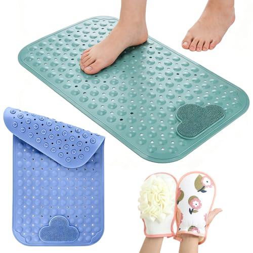 JOYBOY Alfombrilla Ducha Antideslizante 2pcs 70x40cm, Ventosas TPE | Orificios de Drenaje, con Guante de Baño — Color Azul/Verde, para Bañeras y Baños, Material Suave Seguro