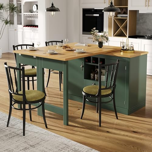 Merax Mesa de bar extensible con espacio de almacenamiento, mesa de isla de cocina giratoria 360°, con mesa extensible plegable, estante para vino, para comedor, sala de estar, oficina en casa, Verde