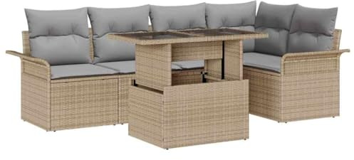 HETFTJN Gartensofa Set 6tlg Beige Poly Rattan wetterfest mit Akazienholz Tisch höhenverstellbar modular Lounge Möbel Outdoor für Terrasse Balkon Kleiner Garten