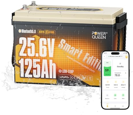 Power Queen 24V 125Ah Lithium Batterie für Elektro-Außenbordmotoren | Mini Größe, Bluetooth, IP67, Selbstheizfunktion, Kälteschutz, LiFePO4 Batterie für Marine, Yacht, Boot
