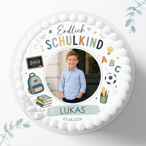 Tortenaufleger Endlich Schulkind zur Einschulung mit Wunschbild personalisierbar, optional mit Name & Datum, ⌀20cm Zuckerbild zum Schulanfang, Deko für Kuchen, Foto für Torten, Fondant S0046