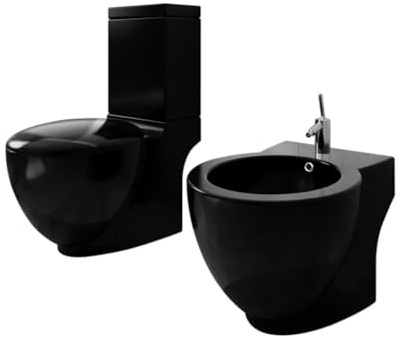 Kaloriko Set WC e bidet nero in ceramica con sciacquone, doppio scarico 3/6 litri, abbassamento automatico Soft-Close, scarico posteriore, set completo per bagno e ospiti, igienico e facile da pulire