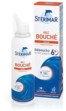 STÉRIMAR Nez Bouché - Spray Nasal Décongestionnant Longue Durée, Agit Rapidement & Jusqu'à 6H, à l'Eau de Mer 100% Naturelle & Cuivre, Formule Hypertonique, 100 ml