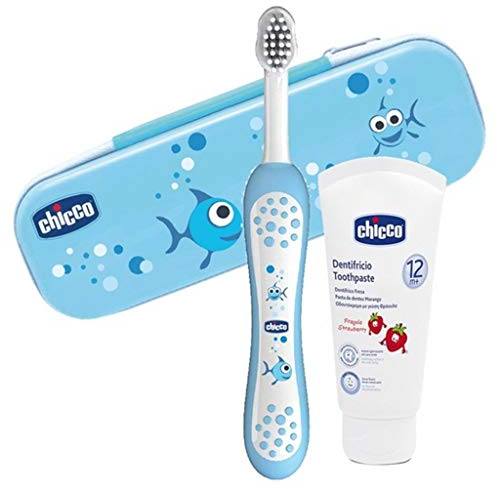 Chicco 00006959200000 Oral Set, inklusiv Zahnbürste Und Zahnpaste Erdbeere, Ohne Fluorid, blau