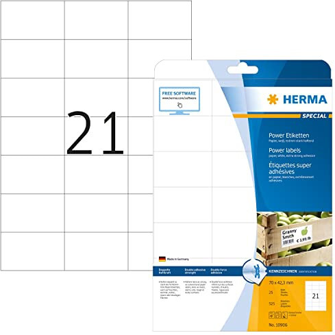 HERMA 10906 Power Etiketten, 800 Blatt, 70 x 42 mm, 21 pro A4 Bogen, 16800 Stück, selbstklebend, bedruckbar, extrem stark haftend, blanko Papier Klebeetiketten Aufkleber, weiß