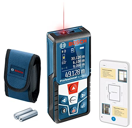 Bosch Professional Laser Entfernungsmesser GLM 50 C (Bluetooth-Datentransfer, Flächen-/Volumenberechnung, max. Messbereich: 50 m, 2X 1,5-V Batterien, Schutztasche)
