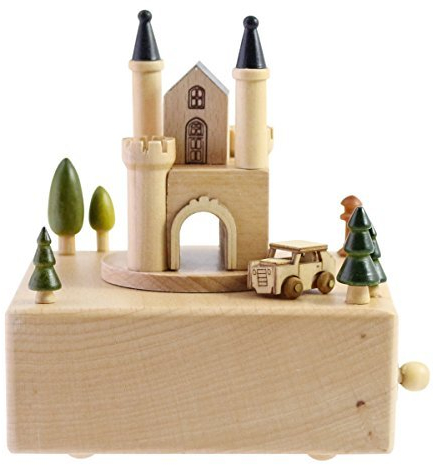 Wunderschöne, hochwertige hölzerne Spieluhr mit europäischem Schloss mit kleinem, beweglichen Magnetauto | spielt Castle In The Sky Song.