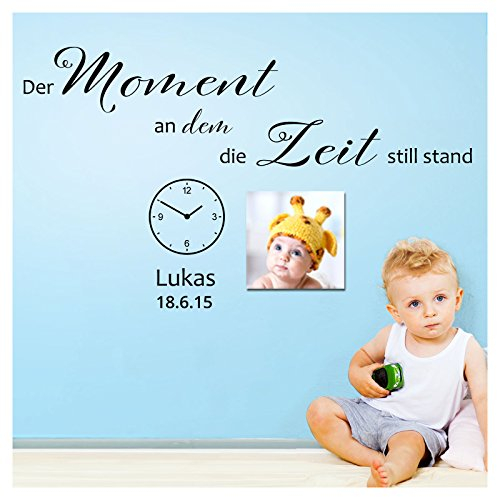 Grandora Wandtattoo Der Moment an dem die Zeit + Name & Datum I schwarz (BxH) 58 x 34 cm I Kinderzimmer Sticker Aufkleber Wandaufkleber Wandsticker W5536