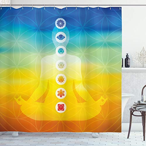 ABAKUHAUS Chakra Duschvorhang, Körper-Silhouette in Lotus, Stoffliches Gewebe Badezimmerdekorationsset mit Haken, 175 x 180 cm, Blau Orange