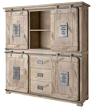Wohnzimmerschrank 4 Türen 3 Schubladen Schrank Holz Mango massiv 150x160 geweißt