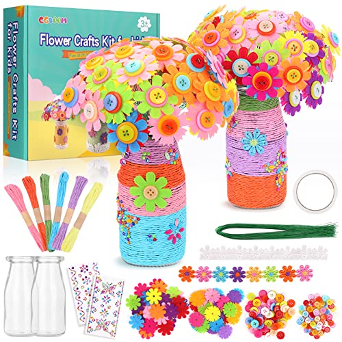 Blumen Bastelset für Kinder, lustiges Bastelset für Mädchen, Jungen, Kinder, Kunst, Bunte Knöpfe, Filzblumen, Blumenvase, Bastelzubehör, Party für Kinder im Alter von 4, 5, 6, 7, 8, 9, 10