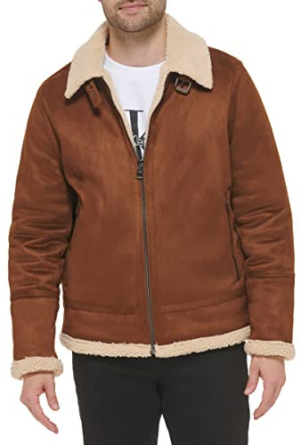 Calvin Klein Herren Faux Leather Men-Bomber Jacket with Shearling Lining Jacke, Mit Lammfell gefüttert, Cognac, S