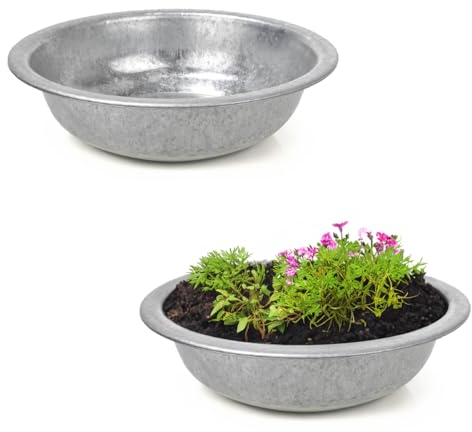 Runde Zinkwannen als Blumen-Schalen Metall-Schüsseln für draussen - 2 Stk. 25 cm Metall-Wannen als Garten-Deko Pflanzgefäße - Zinkschalen als Metall-Schalen oder outdoor Pflanzschalen