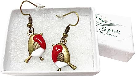 Robin bird dangle earrings hand resin enamelled in gift box. (BronzeRobinFH)