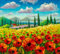 adrium Holz-Bild 70 x 60 cm: Gemälde Bauernhaus, Feld mit roten Blumen, Mohn, Berge und Zypressen unter Sommerhimmel in der toskanischen Landschaft(156097039)
