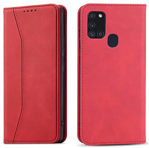 OKZone Kompatibel mit Samsung Galaxy A21S Hülle, Magnet Leder Tasche Handyhülle, Kartenfächer Schutzhülle, [Premium PU Leder] Flip Klappbare Stoßfeste Magnetische Standfunktion (Rot)