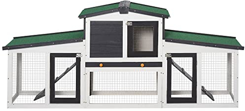 PawHut Kleintierstall Kleintierkäfig Zwergkaninchenstall mit Freigehege und Asphaltdach Doppelstöckiger Meerschweinchenstall Tannenholz Dunkelgrau+Weiß 204 x 45 x 80 cm