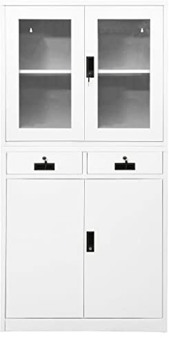 FIRBNUS Büroschrank, weiß, 90 x 40 x 180 cm, aus Stahl und Glas, Ankleideschrank, Eisenschrank, Büroschrank, geschlossenes Bücherregal, mit Türen, Büroschrank mit Schlüssel