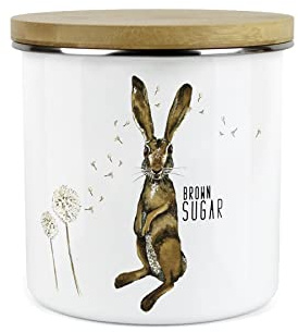 Purely Home Hares and Dandelions Brown Sugar Storage Canister by Rhiannon Chauncey - White Metal Enamel Kitchen Food Storage Container