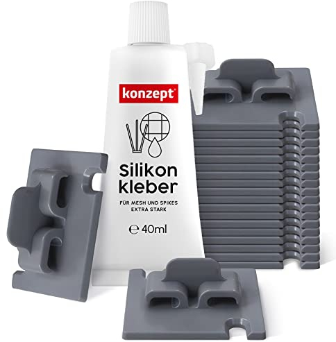 KONZEPT Set di 20 Ganci Con Adesivo Super Forte Da 30 ml Per La Rete Di Protezione Per Gatti Sul Balcone, Installazione Senza Foratura, Colore Grigio