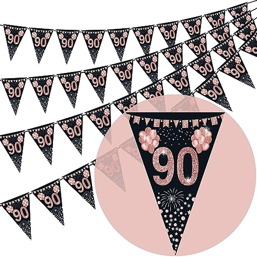 90th birthday bunting, Happy Banner Bunting Flags, 40 Pieces Triangle Rose Gold Glitter Diamond by Numbers 90th Birthday Anniversary Theme Party Decoration Supplies