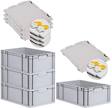 PROREGAL SuperSparSet 4x Eurobox NextGen Economy mit Scharnierdeckel & gelben Verschlüssen | Griffe geschlossen | HxBxT 22x40x60cm | 44 Liter | Eurobehälter Transportbox Transportbehälter