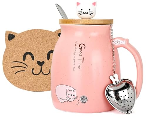 Thuro Tasse de chat,Tasses à Café en céramique Pour les amoureux des chats,Anniversaire Saint Valentin cadeaux de Noël,Nouvelle Année,450ml